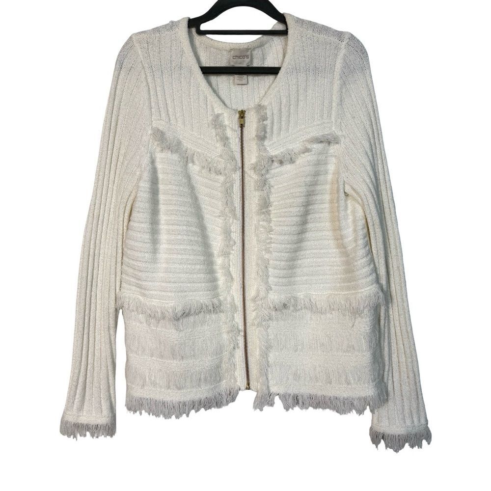 Chico’s White Fringe Knit Jacket Size 1 M Old Money Coastal Minimalist Preppy